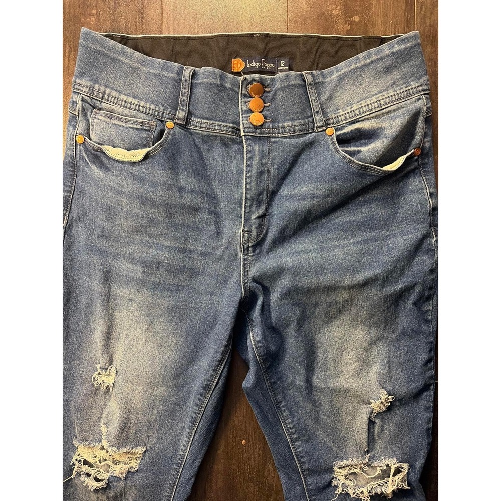 Indigo Poppy Distressed Skinny Jeans Womens Size 12 Blue High Rise Frayed Hem - Picture 3 of 6